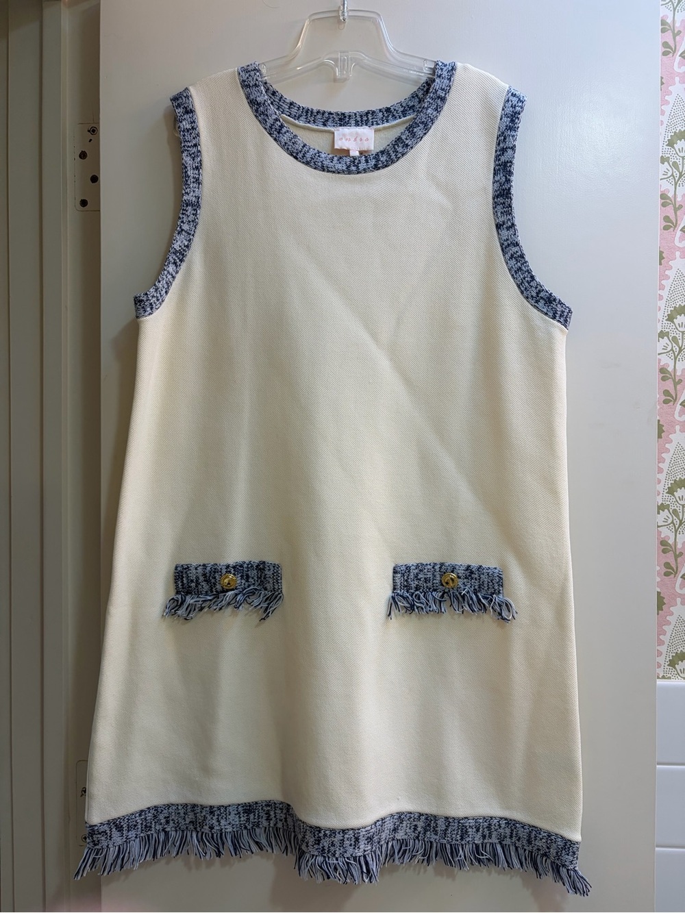 ENTRO Cream Sleeveless Shift Dress with Navy Trim